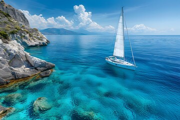 Serene Sailboat on Crystal Clear Waters Near Rocky Coastline