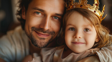 Minimalist photo of father and daughter in dress-up, with her as a princess and him as a king, highlighting imaginative play.

