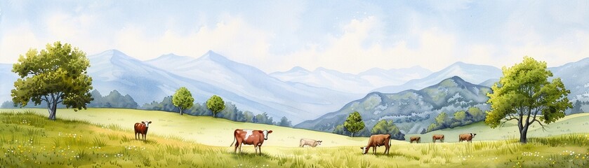 Obraz premium Gorgeous watercolor painting of grazing livestock on rolling hills, depicting pastoral serenity and natural harmony