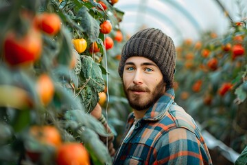 Young Farmer Harvesting Tomatoes in a Greenhouse