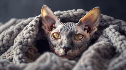 Obraz premium Sphynx Cat Wrapped in Cozy Knit Blanket, Close-Up Portrait
