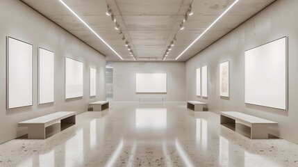 Minimalist art exhibition hall featuring a series of seven evenly spaced silver frames on a soft beige wall, each containing an unmarked, pure white canvas.