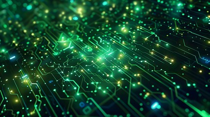 Fototapeta premium Intricate green circuit board backdrop with vibrant, pulsating connections and nodes, representing innovation and advanced computing.