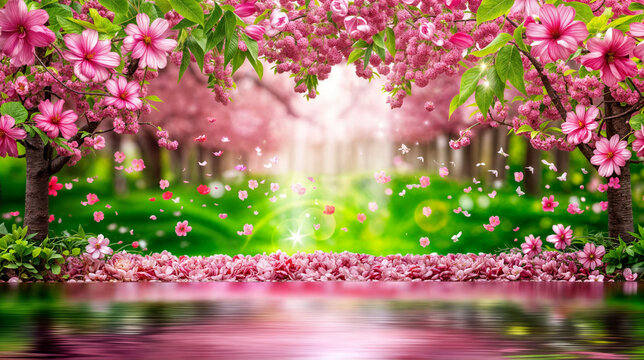 A painting depicting vibrant pink flowers blooming amidst a lush green forest setting