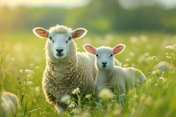 Obraz premium Mother Sheep and Lamb in a Sunlit Meadow