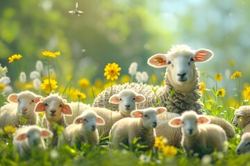 Fototapeta premium Serene Spring Meadow with Sheep and Lambs