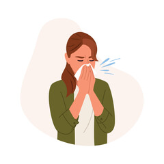 Vector illustration of a girl sneezes with splashes.Cartoon scene of a young girl with a cold sneezing into a white paper tissue, wearing a light t-shirt, a khaki shirt isolated on a white background.