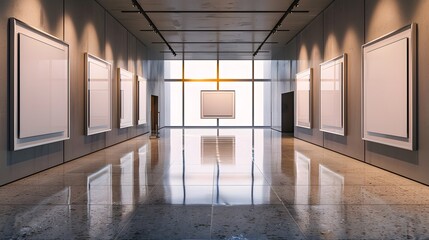 Minimalist art exhibition hall featuring a series of seven evenly spaced silver frames on a soft beige wall, each containing an unmarked, pure white canvas.