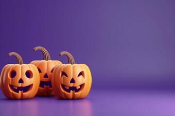 Three smiling jack o lanterns set against a vibrant purple background