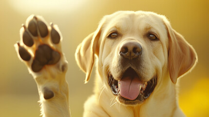 Cheerful Golden Labrador Retriever Smiling with Paw Raised, Sunlit Golden Background Enhancing the Warm Tone