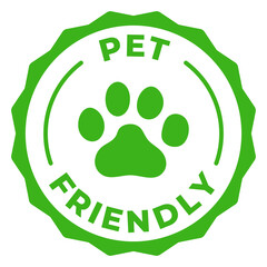 Pet friendly green label. Animal friendly icon vector illustration. Dogs and cats allowed green emblem badge, sign, symbol, stamp or seal. Animal paw circle logotype.