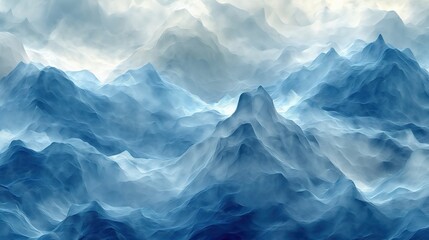 Fototapeta premium A painting depicting a mountain range in shades of blue and white. The mountains are towering and majestic under a clear sky