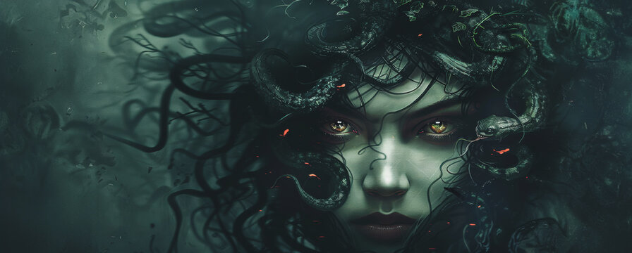 Close up portrait of medusa with snakes in her hair