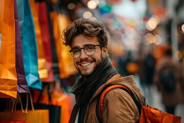 Obraz premium Smiling Man Enjoying a Colorful Shopping Experience in a Bustling Market