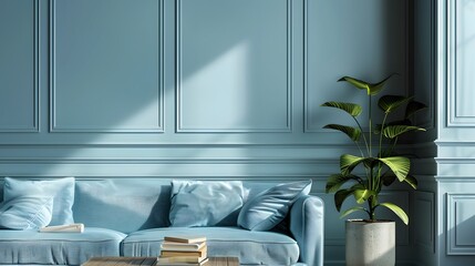 A cozy reading nook with a plush velvet sofa and a stack of books on a low coffee table, surrounded by pale blue walls.