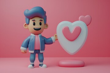 Obraz premium Cute 3D Character with Heart-Shaped Decoration on Pink Background