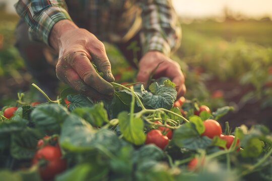 vintage-toned image of a farmer harvesting vegetables, emphasizing the hands and the fresh produce with a blurred farm background