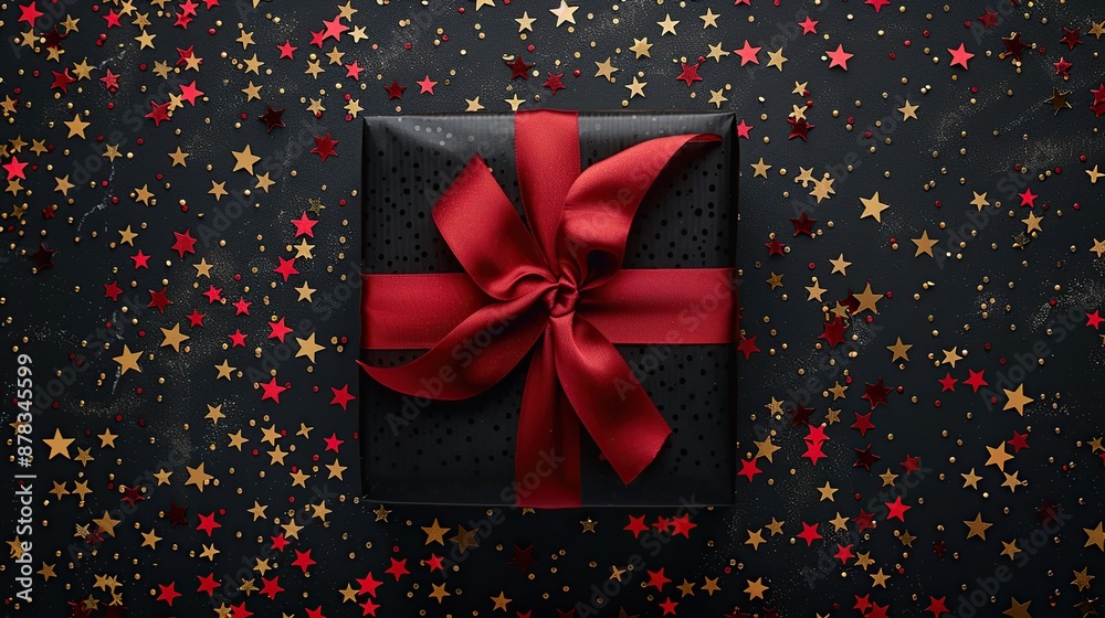 Wall mural Black Gift Box with Red Ribbon and Gold and Red Glitter Stars