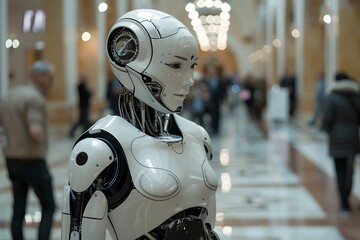 Futuristic Robot in a Modern Hallway with People in the Background