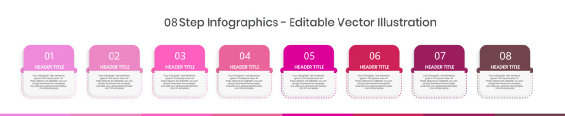 8 Step Infographics Design Template - Graph, Pie chart, workflow layout, squire diagram, brochure, report, presentation, Minimalist timeline template Editable Vector illustration
