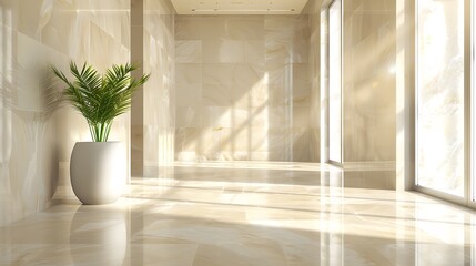 Fototapeta premium An unoccupied hallway with sleek marble flooring and neutral-colored walls, completely free of decorations, equipped with a broad window on the right side casting gentle natural light.