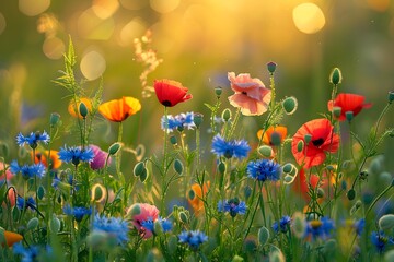 Obraz premium Vibrant Wildflower Meadow Bathed in Golden Sunlight