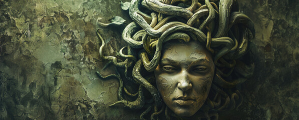 Close-up portrait of medusa with snakes for hair on a green background