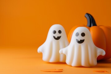 Two friendly ghosts with a pumpkin on an orange backdrop, perfect for Halloween