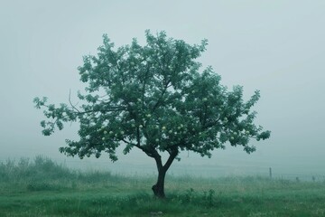 Fototapeta premium A solitary apple tree with delicate green apples stands in a mist-covered field, creating an ethereal and serene atmosphere, characterized by quiet tranquility and beauty