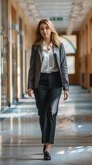 Fototapeta premium a beautiful young business woman dressed in a professional suit walks down the corridor of her company, pictured from the front