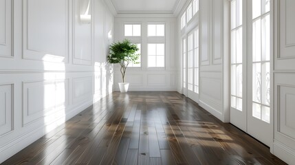 Fototapeta premium Spacious interior showcasing bright white walls with elegant white baseboards, white wainscoting along the walls for a textured look, and a glossy dark walnut wooden floor.