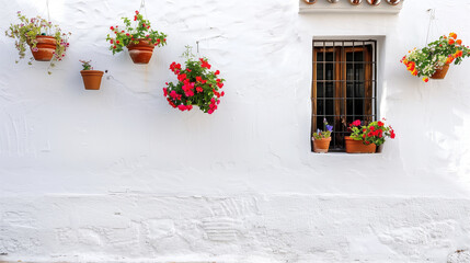 A white building with a lot of potted plants on the outside