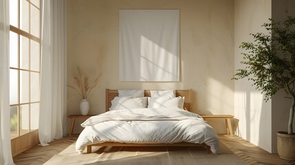 Stylish bedroom with a large, comfortable bed and crisp white linens, complemented by light wooden flooring and a neutral wall palette.