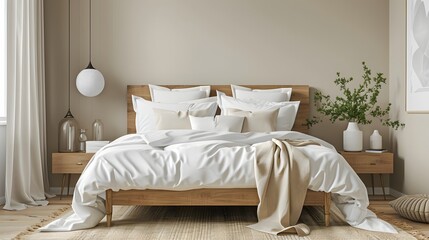 Stylish bedroom with a large, comfortable bed and crisp white linens, complemented by light wooden flooring and a neutral wall palette.