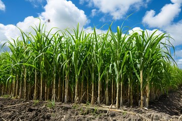 Obraz premium Lush Sugarcane Field Under a Bright Blue Sky