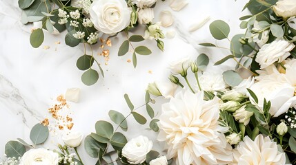 White Floral Arrangement with Eucalyptus and Golden Glitter on Marble Background.