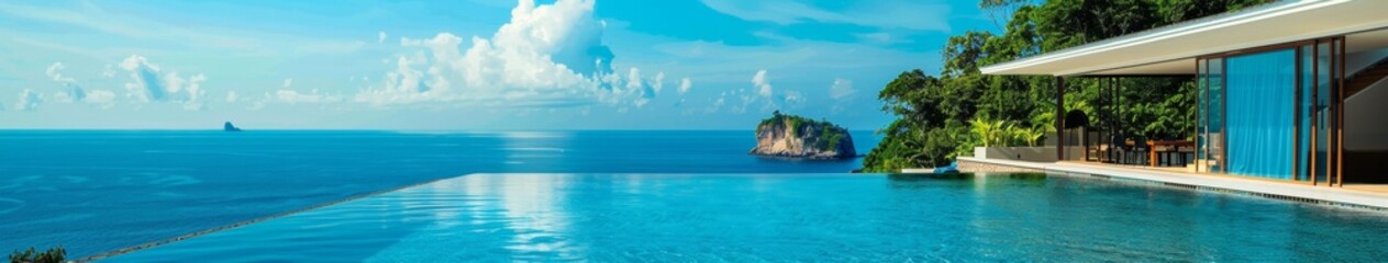 Luxurious Villa with Infinity Pool Overlooking the Ocean, Capturing an Abstract Sense of Wealth. Ideal for Summer Vacation, Retirement, Leisure, and Holiday Bestsellers. Abstract Paradise Natural Land