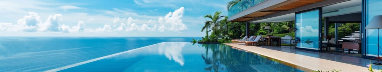 Fototapeta premium Luxurious Villa with Infinity Pool Overlooking the Ocean, Capturing an Abstract Sense of Wealth. Ideal for Summer Vacation, Retirement, Leisure, and Holiday Bestsellers. Abstract Paradise Natural Land