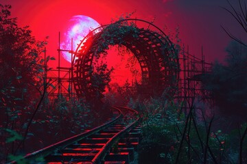 Fototapeta premium A ruin of broken roller coaster in the abandoned amusement park