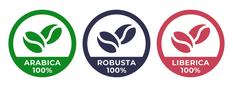 100 arabica icon. 100 robusta label. 100 liberica symbol. Premium coffee blend vector illustration. Coffee beans emblem, badge, sign, stamp or seal for product packaging.