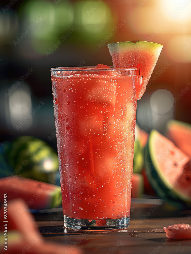 Aufkleber A clear glass filled with watermelon juice, the red juice shimmering with an enticing sheen. Generative AI.