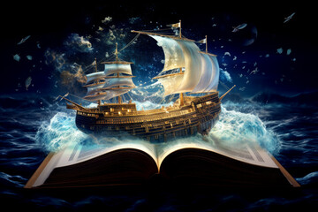 Fantasy Ship Sailing Out of Book