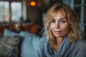 A smiling woman in a cozy indoor setting with a stylish scarf, exuding a sense of warmth, charm, and ease in a contemporary, inviting environment filled with soft lighting.