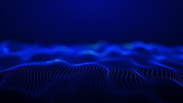 Blue waves on a blue background. Looping oscillation of the luminous horizon. Digital sea, graphic landscape, typographic map. Wavy space. Sci-fi microworld. 4k, 60 fps, for HUD.
