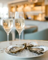 Fototapeta premium Fresh oysters with champagne at a restaurant