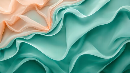 Obraz premium Background. Organza waves in turquoise and coral colors, flowing curves, ai generative