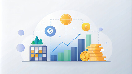 A colorful 3D bar chart illustration tracks financial market growth with data-driven icons