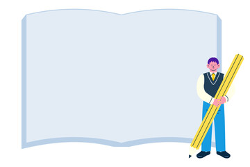 大きな鉛筆を手に持った制服姿の男子学生と、本のフレーム背景