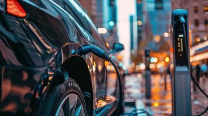 An Electric Car Charging at a Station in a Modern Cityscape, Representing the Shift Towards Sustainable Transportation and Green Energy Solutions in Urban Environments