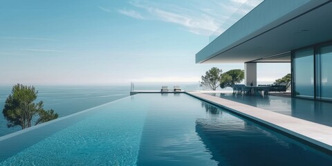 Fototapeta premium Luxurious Villa with Infinity Pool Overlooking the Ocean, Capturing Abstract Wealth Concept. Stunning Wallpaper Ideal for Summer Vacation, Retirement, Leisure, and Holiday Bestsellers. Abstract Paradi